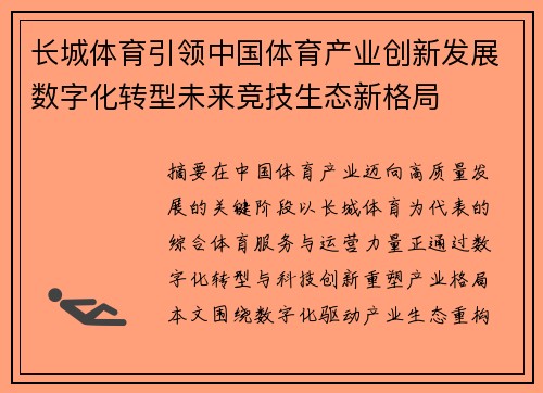 长城体育引领中国体育产业创新发展数字化转型未来竞技生态新格局